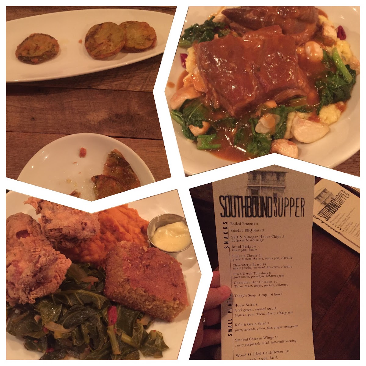 Gluten free fried chicken, cornbread (was to die for), pork loin with gravy, fried tomatoes. Yum!