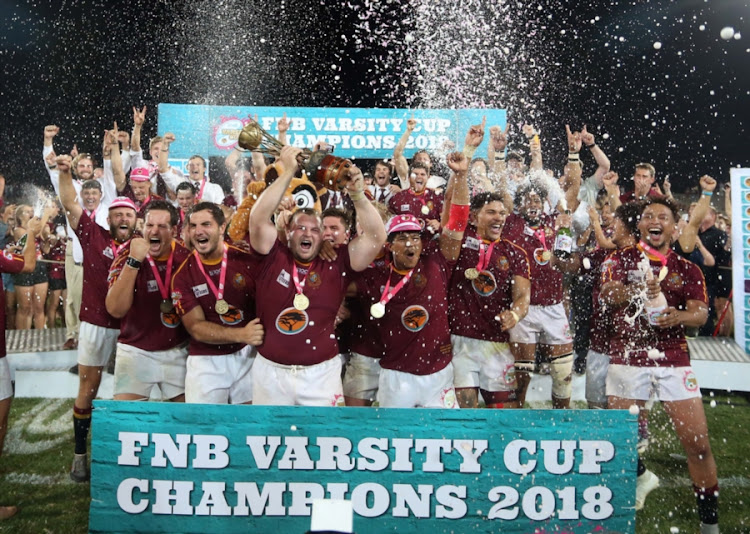 The University of Stellenbosch, also known as Maties, celebrate during the FNB Varsity Cup Final match after beating North West University in the final at Danie Craven Stadium on March 16, 2018 in Stellenbosch, South Africa.