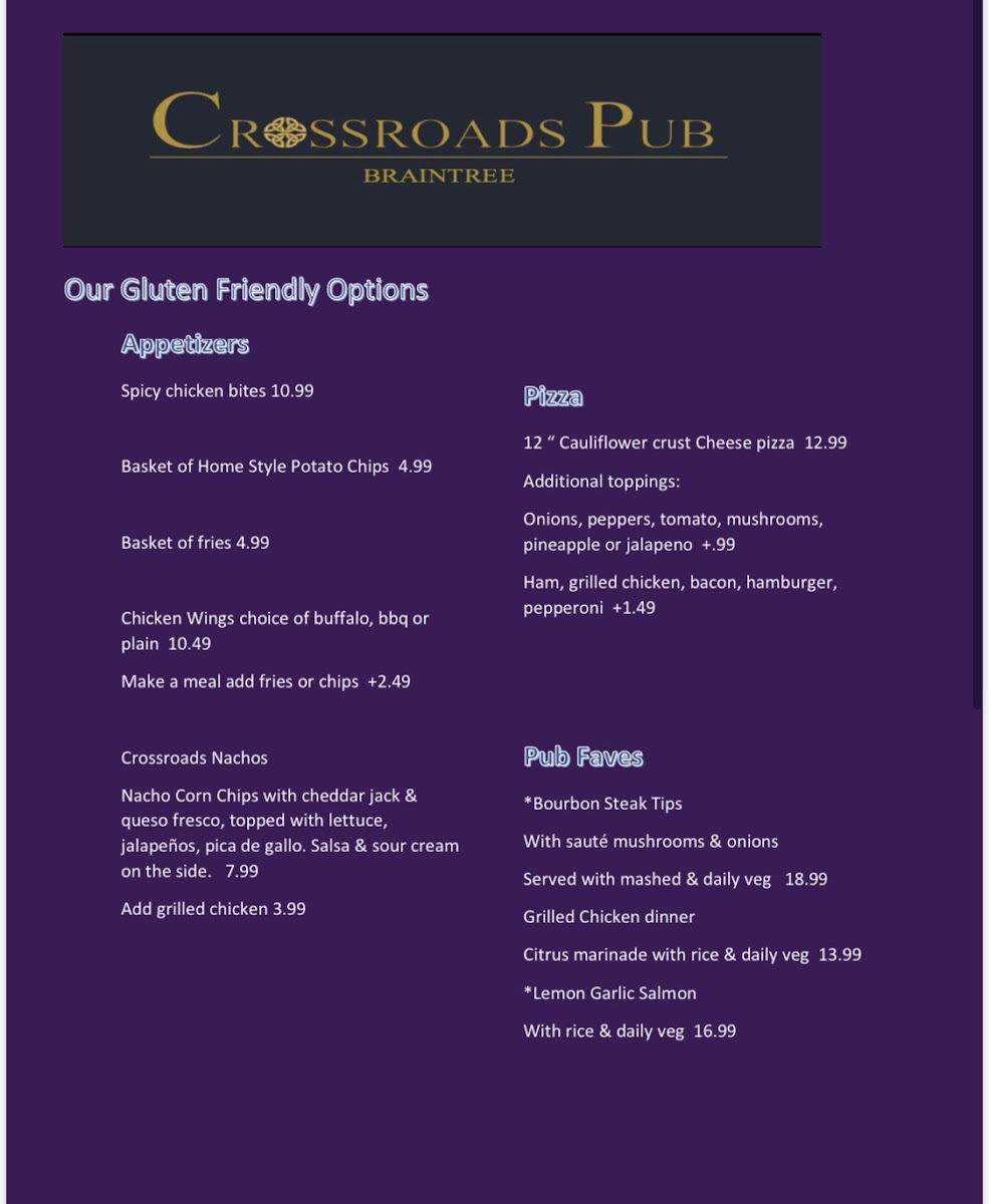 Crossroads Pub gluten-free menu
