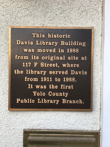 This historic Davis Library Building was moved in 1988 from its original site at 117 F Street, where the library served Davis from 1911 to 1968. It was the first Yolo County Public Library Branch....