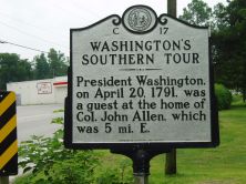President Washington, on April 20, 1791, was a guest at the home of Col. John Allen, which was 5 mi. E.Plaque via North Carolina Highway Historical Marker Program, and is used with their...