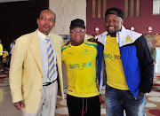 Sundowns President Patrice Motsepe, Fikile Mbalula (Minister of Sport and Recreation) and Sundowns celebrity fan DJ Naves at the Sundowns team hotel ahead of the 2016 CAF Champions League Final between Zamalek and Sundowns at the Radisson Blu Hotel in Alexandria, Egypt on 23 October 2016 © Ryan Wilkisky/BackpagePix