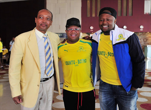 Sundowns President Patrice Motsepe, Fikile Mbalula (Minister of Sport and Recreation) and Sundowns celebrity fan DJ Naves at the Sundowns team hotel ahead of the 2016 CAF Champions League Final between Zamalek and Sundowns at the Radisson Blu Hotel in Alexandria, Egypt on 23 October 2016 © Ryan Wilkisky/BackpagePix