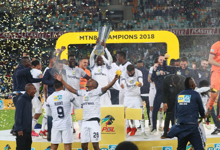 Cape Town City players celebrate winning the 2018 MTN8 final against SuperSport United at Moses Mabhida Stadium in Durban on Saturday.