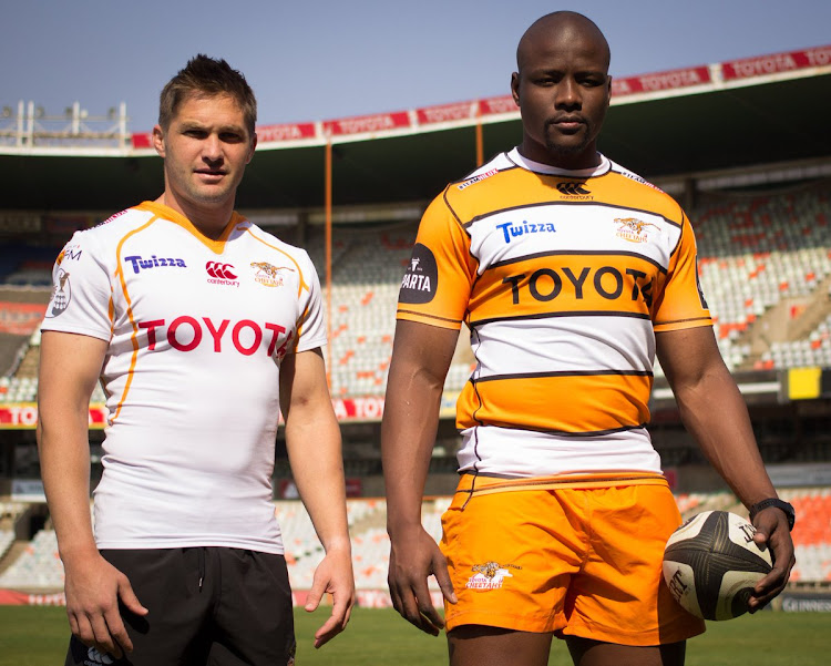 The Toyota Cheetahs captain Oupa Mohoje (R) parades the new jersey for the PRO14 season on Wednesday August 15 2018.