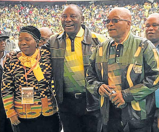 LEADING TRIO: Nkosazana Dlamini-Zuma, Cyril Ramaphosa and President Jacob Zuma at the 105th anniversary celebrations of the ANC in Soweto at the weekend
