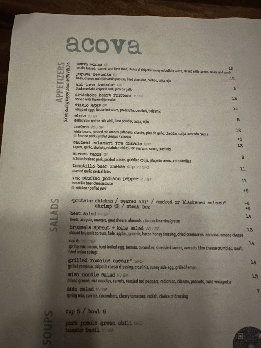 Acova gluten-free menu