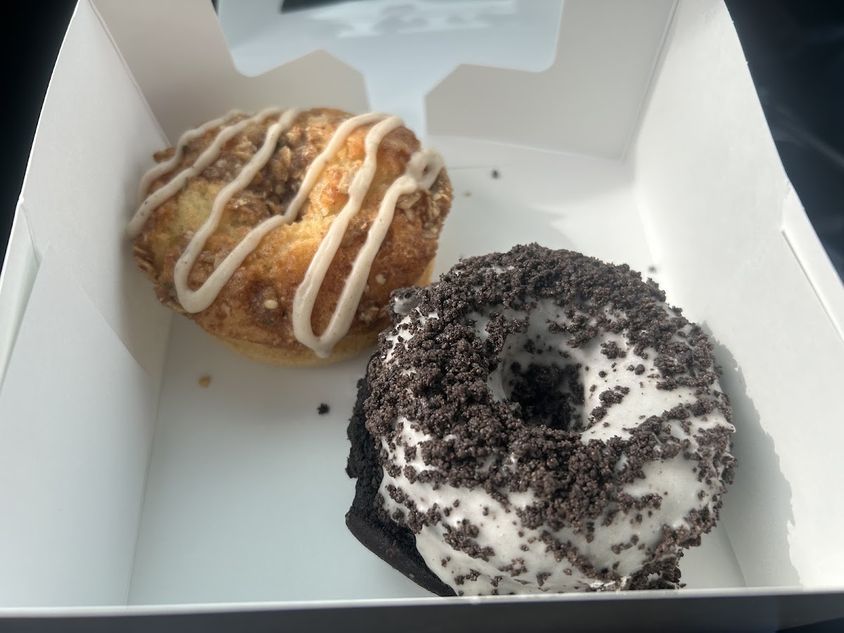 Cookies and cream and cinnamon crumb (?) cake doughnuts