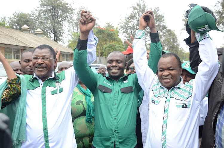 FORD-Kenya party leader Moses Wetangula, Kibra candidate Eng. Khamisi Butichi with Kiminini MP Chris Wamalwa during the presentation of their papers for clearance