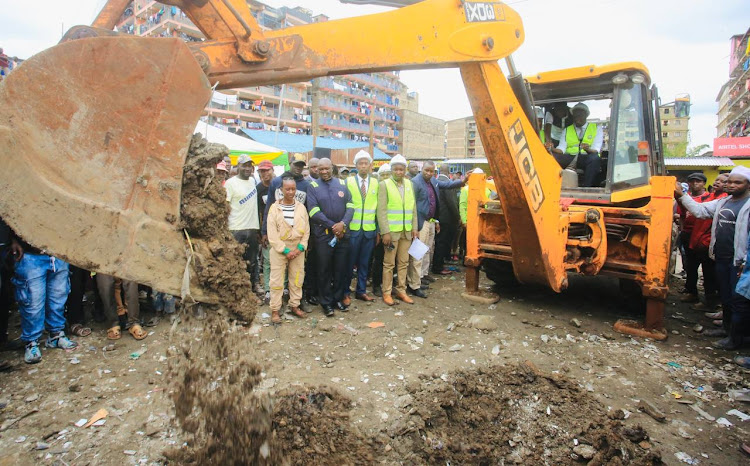 A n excavator digging during groundbreaking for the construction of the first public hospital in Mlango Kubwa ward in Mathare Constituency on May 8, 2024.