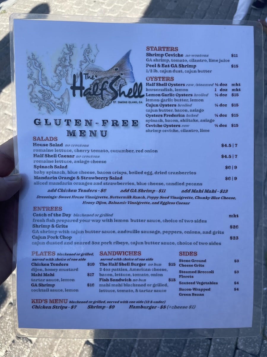 The Half Shell SSI gluten-free menu