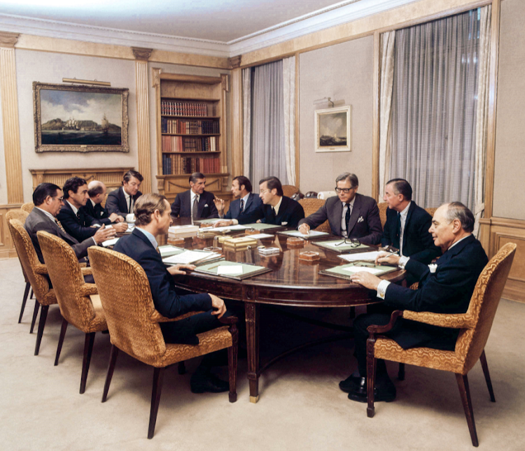 A meeting of the Anglo American executive committee in 1977. Anti- clockwise from Harry Oppenheimer, far right: Gavin Relly, Julian Ogilvie Thompson, Peter Gush, Chris Griffith, Graham Boustred, Gordon Waddell, Guy Nicholson, Zach de Beer, Dennis Etheredge and Robin Crawford. Picture: ANGLO AMERICAN