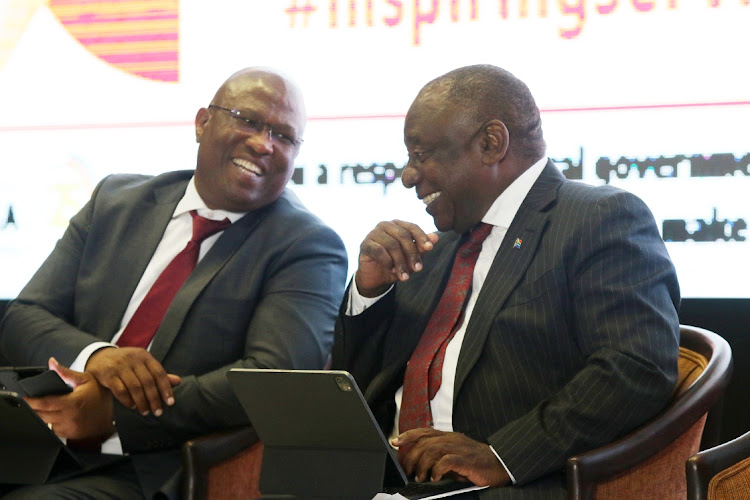 Eastern Cape premier Oscar Mabuyane shares a light moment with President Cyril Ramaphosa. Mabuyane is said to be one of the provincial leaders who convinced Ramaphosa to make a U-turn on his planned resignation. Picture: MICHAEL PINYANA