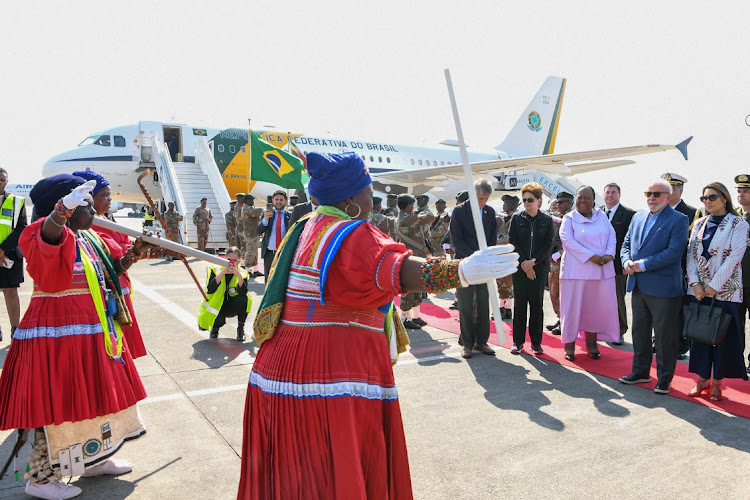 Brazil's President Lula da Silva arrives at OR Tambo International Airport in Joburg on Monday and is received by international relations and co-operation minister Dr Naledi Pandor ahead of the Brics summit in Sandton. Picture:YANDISA MONAKALI.