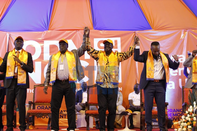 ODM secretary general Edwin Sifuna, party leader Raila Odinga, deputy party leaders Wycliffe Oparanya and Hassan Joho during the party's National Governing Council meeting at Bomas of Kenya on February 25, 2022.