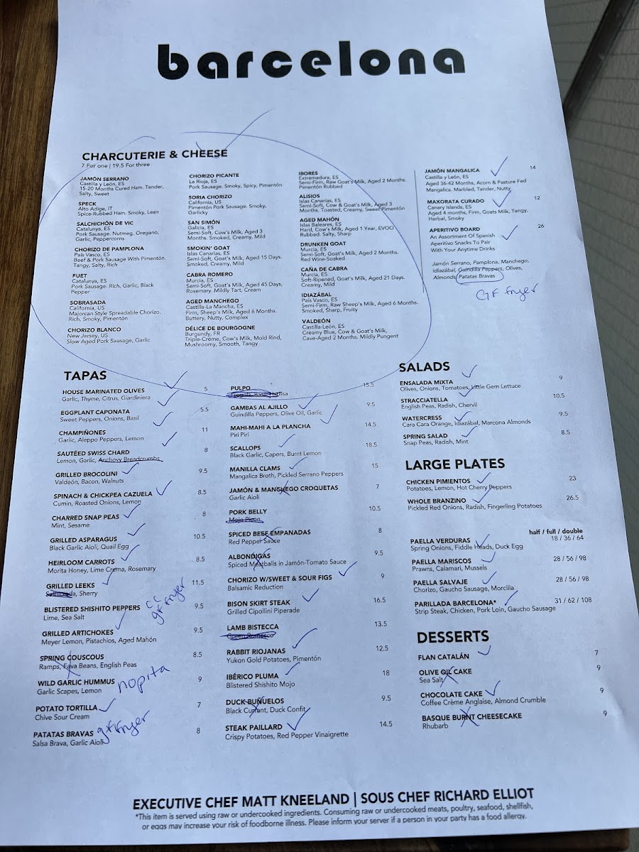 Barcelona Wine Bar gluten-free menu