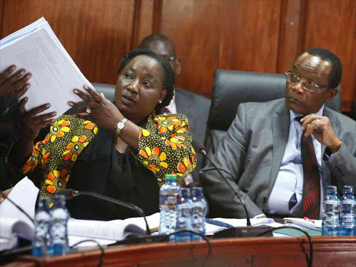 Public Service and Youth Affairs Principal Secretary Lilian Mbogo Omollo (L) with NYS Director-General Richard Ndubai before the Parliamentary Public Accounts Committee on May 25, 2018. /JACK OWUOR