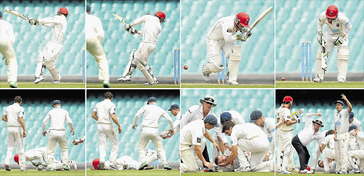 A sequence of images showing Phillip Hughes of South Australia as he is struck on the head by a delivery during day one of the Sheffield Shield match against New South Wales at Sydney Cricket Ground on Tuesday 25 November 2014.