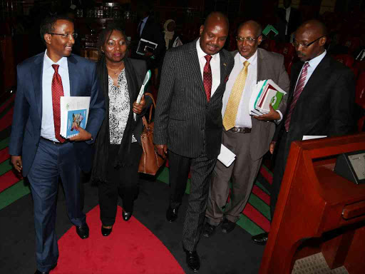 IEBC chairman Isaack Hassan, vice chair Lilian Mahiri Zaja, commissioners Thomas Letangule, Abdullahi Sharaweand Albert Onyango after meeting the National Assembly Justice and Legal Affairs Committee on May 18 / HEZRON NJOROGE