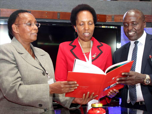 KRA board coordinator Wairimu Ngang’a, Ministry of ICT secretary Katherine Gitau and KRA deputy ICT Commissioner Ezekiel Saina during the authority’s Annual Tax Summit in Nairobi yesterday / ENOS TECHE