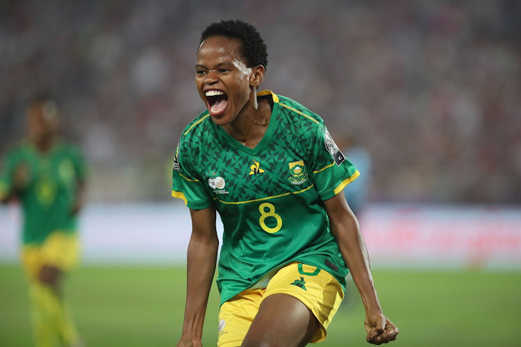 Hildah Tholakele Magaia of South Africa celebrates scoring during the 2022 Women's Africa Cup of Nations final against Morocco at Prince Moulay Abdellah Stadium in Rabat, Morocco on July 23, 2022
