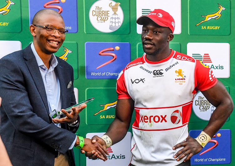 Madosh Tambwe of the Lions is Man of the Match during the Currie Cup match between Xerox Golden Lions XV and Phakisa Pumas at Emirates Airline Park on July 13, 2019 in Johannesburg, South Africa.