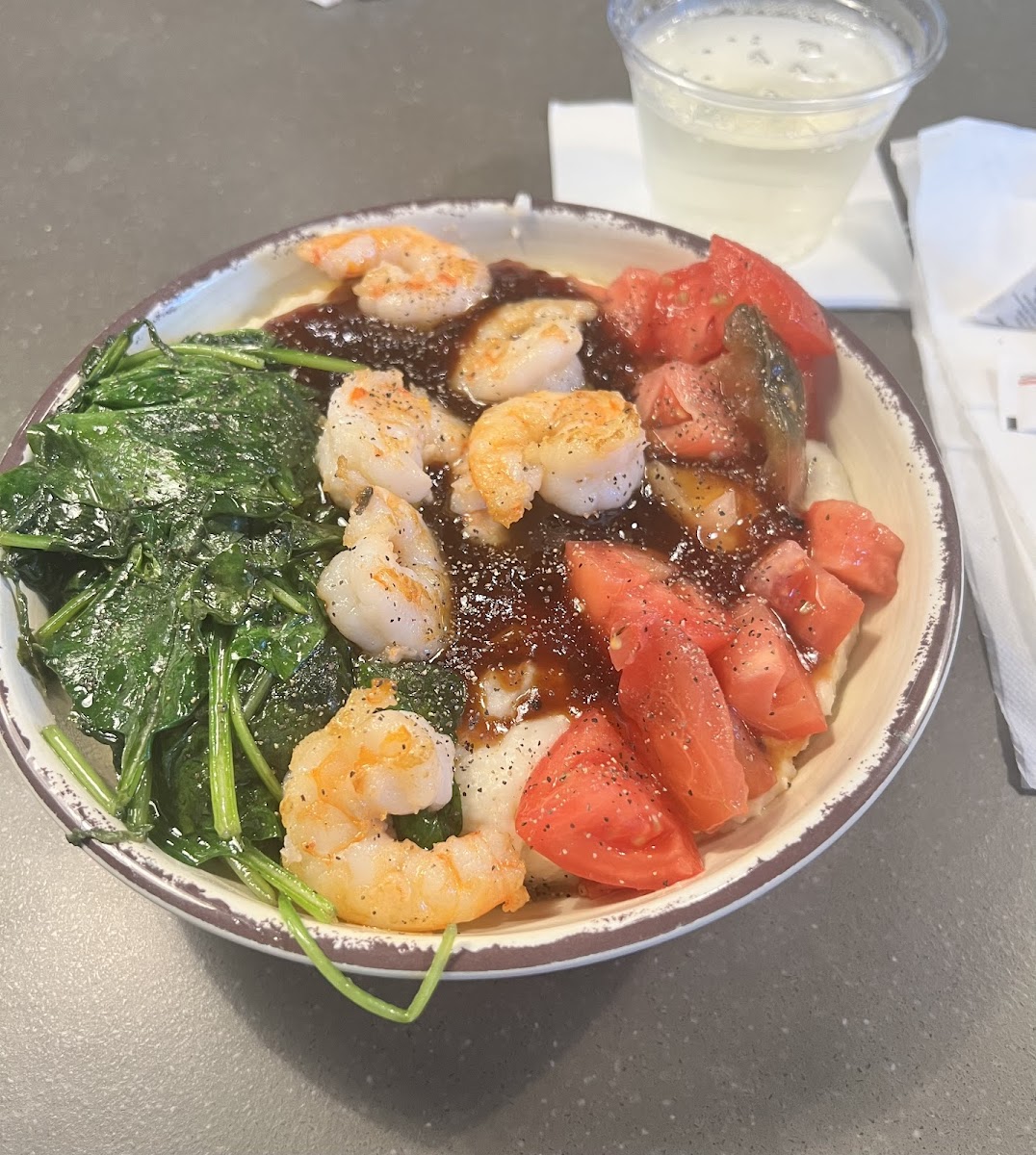 Traditional, spinach, tomatoes, shrimp, bacon jam
