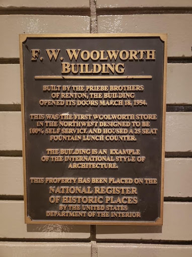 F.W.WOOLWORTH BUILDING BUILT BY THE PRIEBE BROTHERS OF RENTON, THE BUILDING OPENED ITS DOORS MARCH 18, 1954. THIS WAS THE FIRST WOOLWORTH STORE IN THE NORTHWEST DESIGNED TO BE 100% SELF SERVICE...
