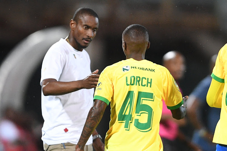 Thembinkosi Lorch of Mamelodi Sundowns celebrates his goal with coach Rulani Mokwena during the Nedbank Cup, Last 16 match between Mamelodi Sundowns and Maritzburg United at Lucas Masterpieces Moripe Stadium in Pretoria on March 17, 2024 in Pretoria.