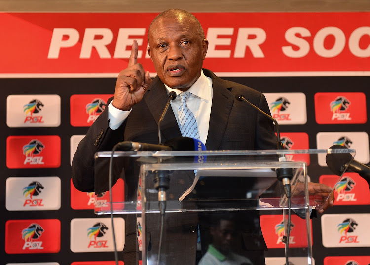 Premier Soccer League chairman Irvin Khoza addresses a press conference at the League's headquarters in Parktown, Johannesburg, on Thursday May 3 2018.
