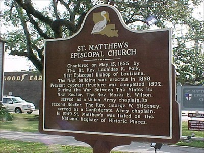 Chartered on May 15, 1855 by The Rt. Rev. Leonidas K. Polk, the first Episcopal Bishop of Louisiana. The first building was erected in 1858. Present cypress structure was completed 1892. During...