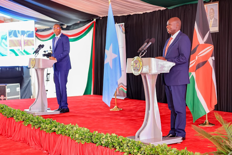 Deputy President Rigathi Gachagua with Somalia Prime Minister Hamza Abdi Barre for bilateral talks at his Karen residence on May 7, 2024.