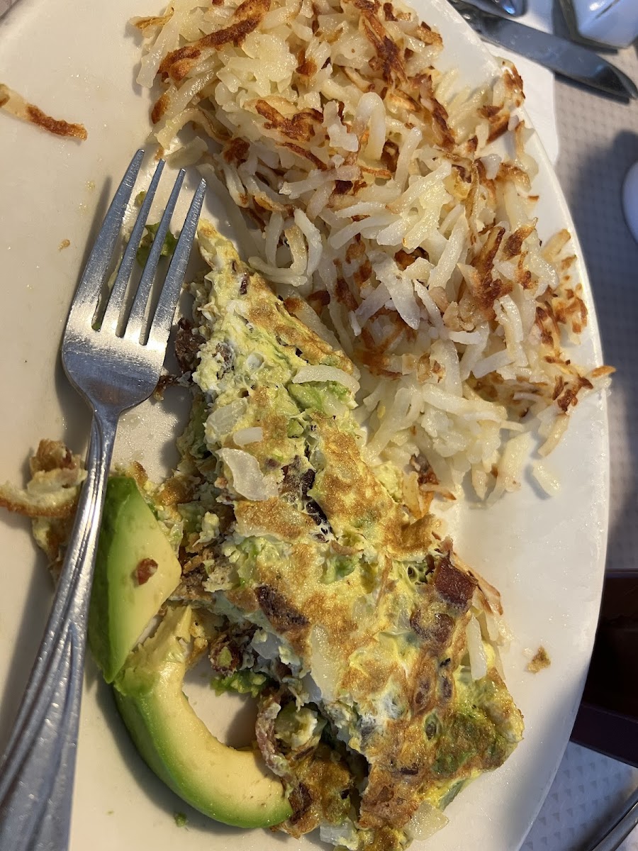 Bacon avocado onion omelette with awesome hashbrowns
