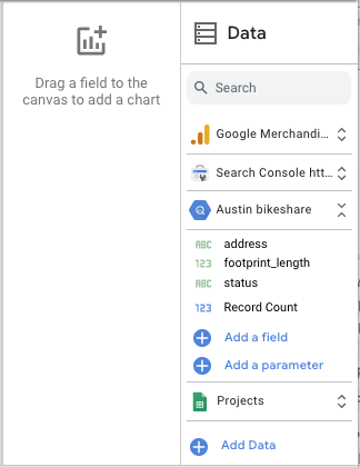 The data panel is available when a report is in Edit mode and displays all data sources and fields in expandable and collapsable sections, as well as a search bar for finding fields in connected data sets.