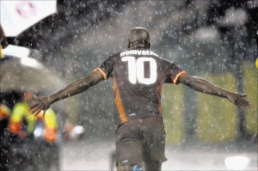 Siyabonga Nomvethe of Moroka Swallows celebrates after scoring a goal