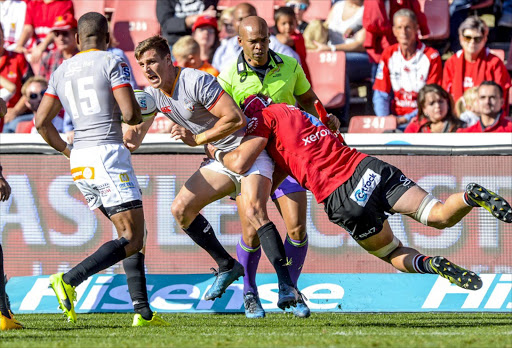 Louis Schreuder of the Southern Kings tackled by Captain Warren Whiteley of the Lions during the Super Rugby match between Emirates Lions and Southern Kings at Emirates Airline Park on May 28, 2017 in Johannesburg, South Africa. Photo by Sydney Seshibedi/Gallo Images