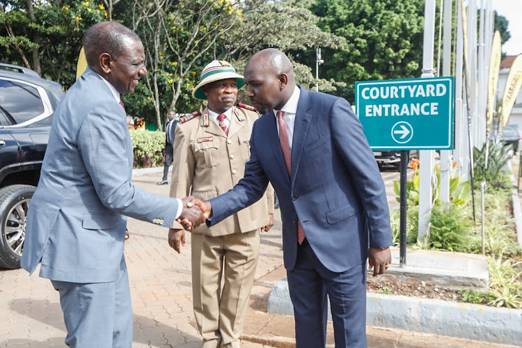 President William Ruto with Roads and Transport Cabinet Secretary Kipchumba Murkomen during the launch of the National Road Safety Action Plan at the KICC on April 17, 2024.