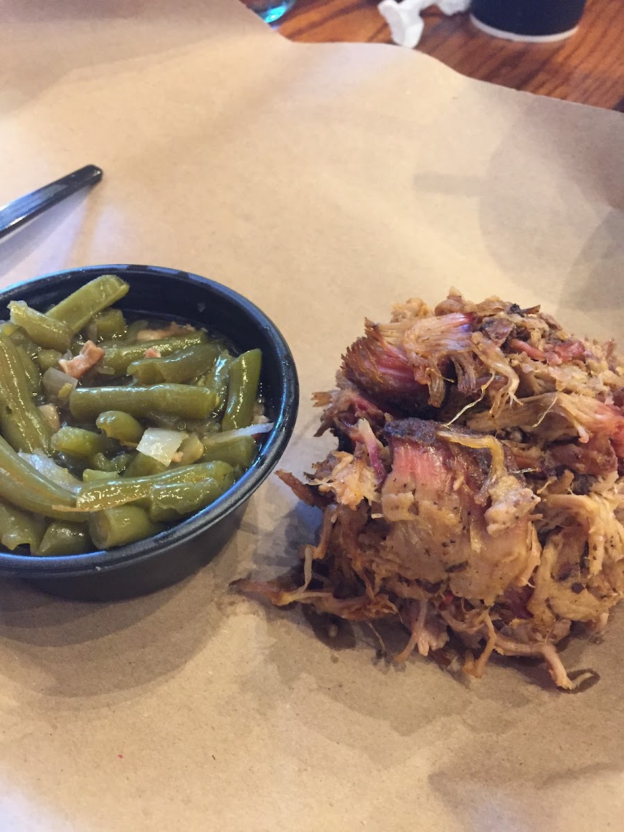 My very filling meal of pulled pork and green bean with bacon. The green beans were delicious - and dairy free too!