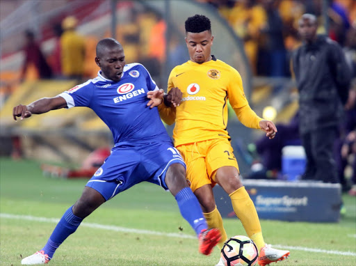 Super Sport United Aubrey Modiba fights for the ball with Kaizer Chiefs George Lebese during their ABSA/PSL match at FNB Stadium in Johnnesburg. PHOTO: ANTONIO MUCHAVE