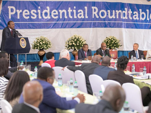 President Uhuru Kenyatta chairs the 8th Presidential Round Table Forum at State House, Nairobi. The Presidential Round Table brings together government and partners from the private alliance under the umbrella of KEPSA (Kenya Private Sector Alliance). /PSCU