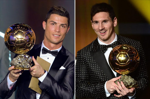 A combination of two file pictures shows Real Madrid's Portuguese forward Cristiano Ronaldo (L) posing with the 2013 FIFA Ballon d'Or award on January 13, 2014 and Barcelona's Argentinian forward Lionel Messi posing with the 2012 FIFA Ballon d'Or award on January 7, 2013, during FIFA Ballon d'Or award ceremonies at the Kongresshaus in Zurich. AFP