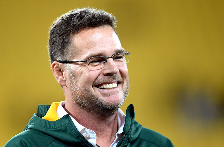 South Africa's coach Rassie Erasmus reacts after the win over New Zealand which put the Springboks back in contention for the Rugby Championship at Westpac Stadium in Wellington on September 15, 2018.