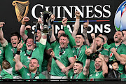 Ireland captain Peter O'Mahony lifts the Six Nations trophy after their victory against Scotland at Lansdowne Road in Dublin on Saturday. 