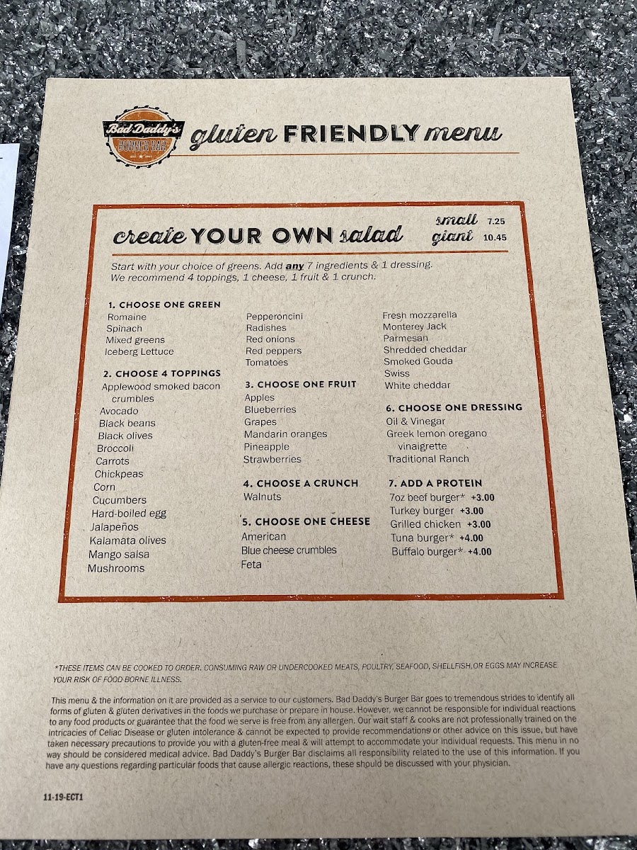 Bad Daddy's Burger Bar gluten-free menu