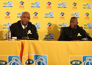 Pitso Mosimane, coach of Mamelodi Sundowns and Hlompho Kekana of Mamelodi Sundowns during the MTN8 2019 Mamelodi Sundowns press conference at PSL Offices, Johannesburg, on 29 August 2019.