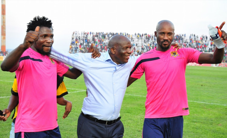 Black Leopards' chairman David Thidiela celebrates with players during the National First Division Promotion and Relegation Playoff match between Black Leopards and Jomo Cosmos at Thohoyandou Stadium on May 30, 2018 in Thohoyandou, South Africa.