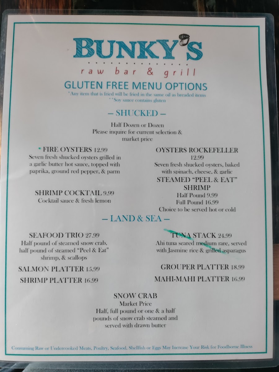 Bunky's Raw Bar & Seafood Grill gluten-free menu