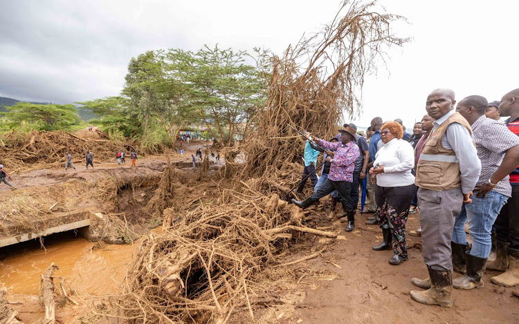 Deputy President Rigathi Gachagua access the damage by floods at Mai Mahiu on April 29, 2024.