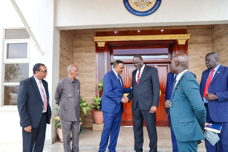 Intergovernmental Authority on Development (IGAD) Executive Secretary, Dr. Workneh Gebeyehu with South Sudan Deputy Minister of Foreign Affairs and International Cooperation Mohammed Abdallah in Juba, on March 27, 2024.