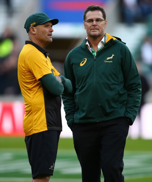 Jacques Nienaber (Defence Coach) of South Africa with Rassie Erasmus (Head Coach) of South Africa during the Castle Lager Outgoing Tour match between England and South Africa at Twickenham Stadium on November 03, 2018 in London, England.